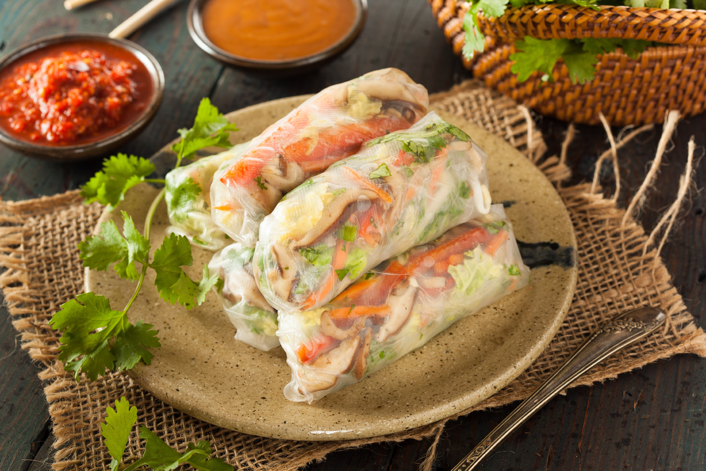 Healthy ideas for lunch: vegetarian spring rolls with cilantro carrots and cabbage