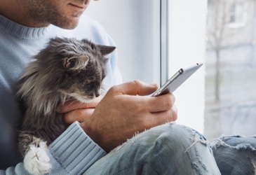 A man cuddling a cat looking at the mobile phone together