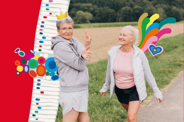 Two older women stretching and walking