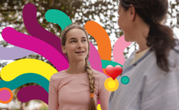 Teenage girl talking to adult