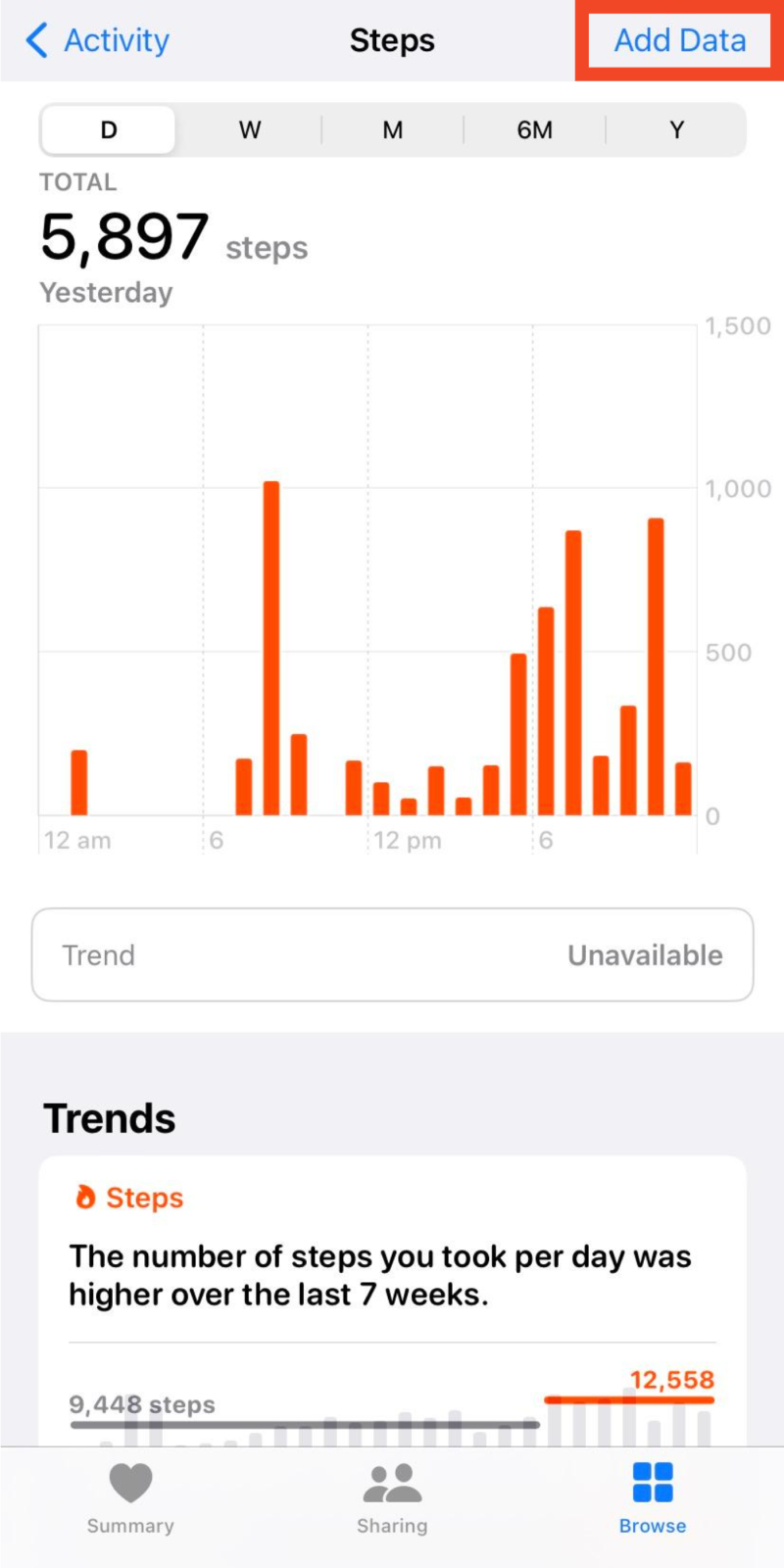 Add data option in the right corner of the screen in the Steps section under the Health app on iPhone
