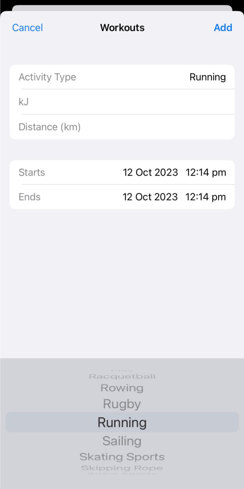 Options under the workouts section such as Activity type, kilojoules, distance, workout duration and date