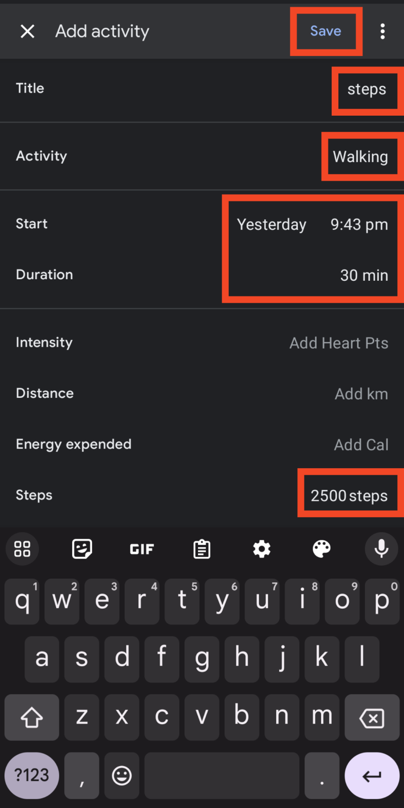 Activity data options such as title name, activity option, intensity, start date and duration 