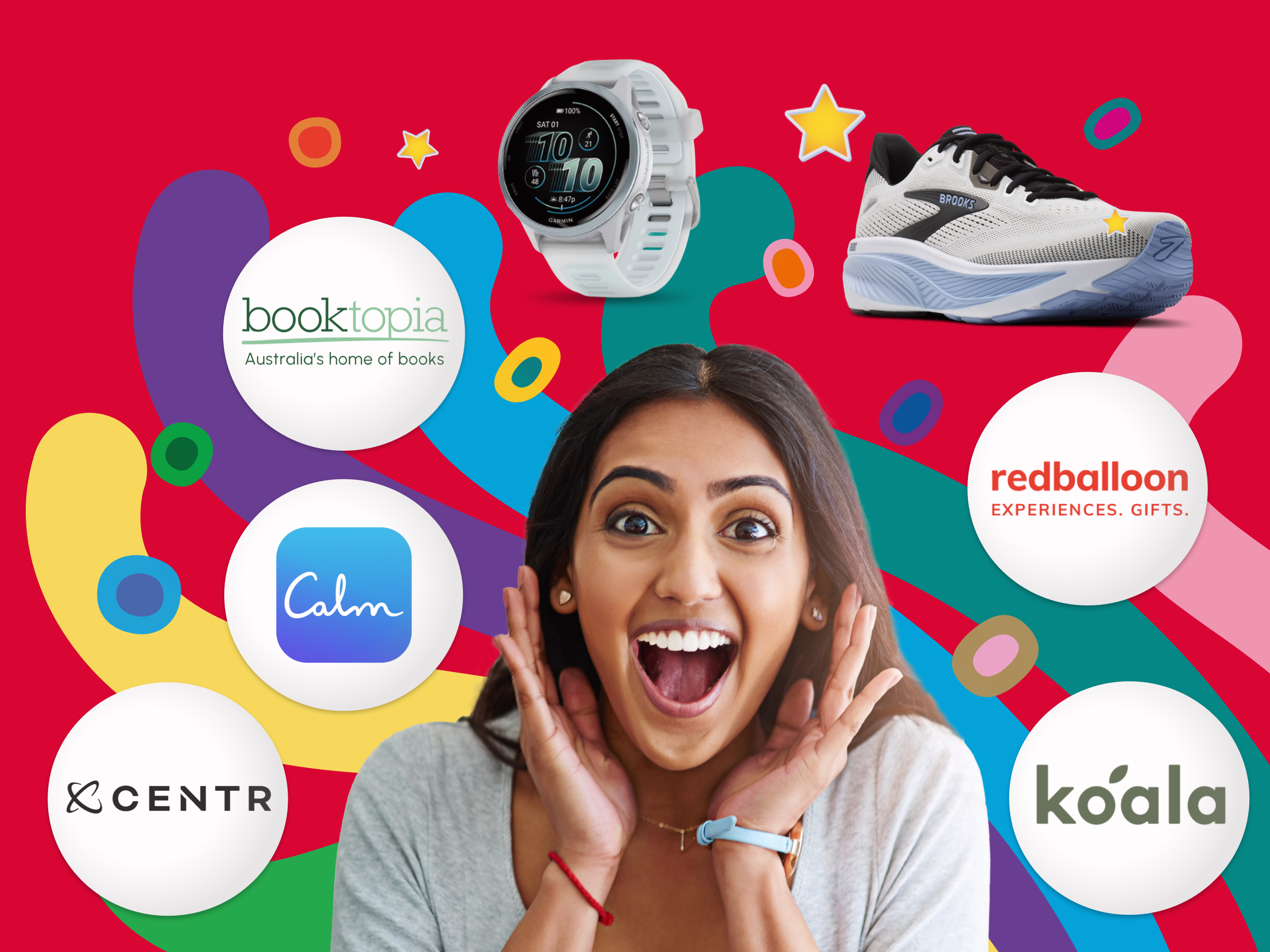Woman smiling surrounded by various Live Better rewards partners