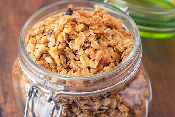 Fresh granola, muesli in a glass jar