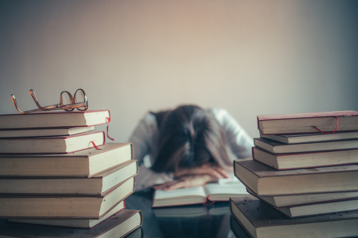Student Studying Sleeping on Books, Tired Girl Read Book, Library