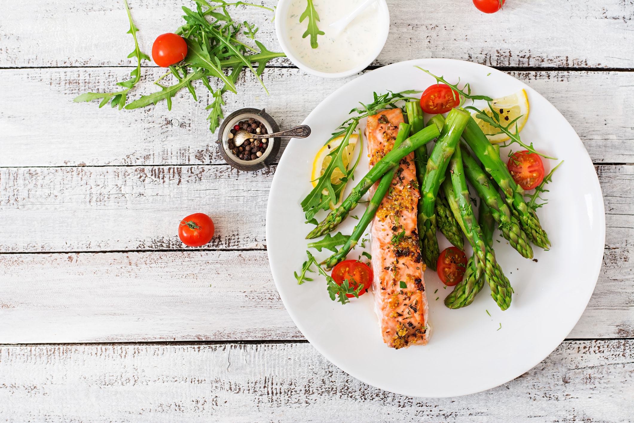 Healthy meal of salmon and salad.