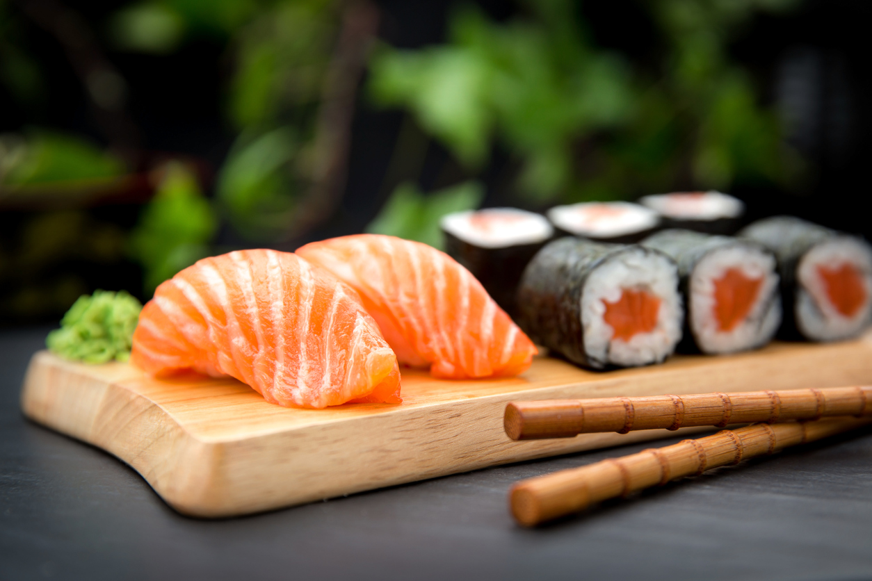 Sushi Nigiri with fresh salmon and Maki roll with salmon