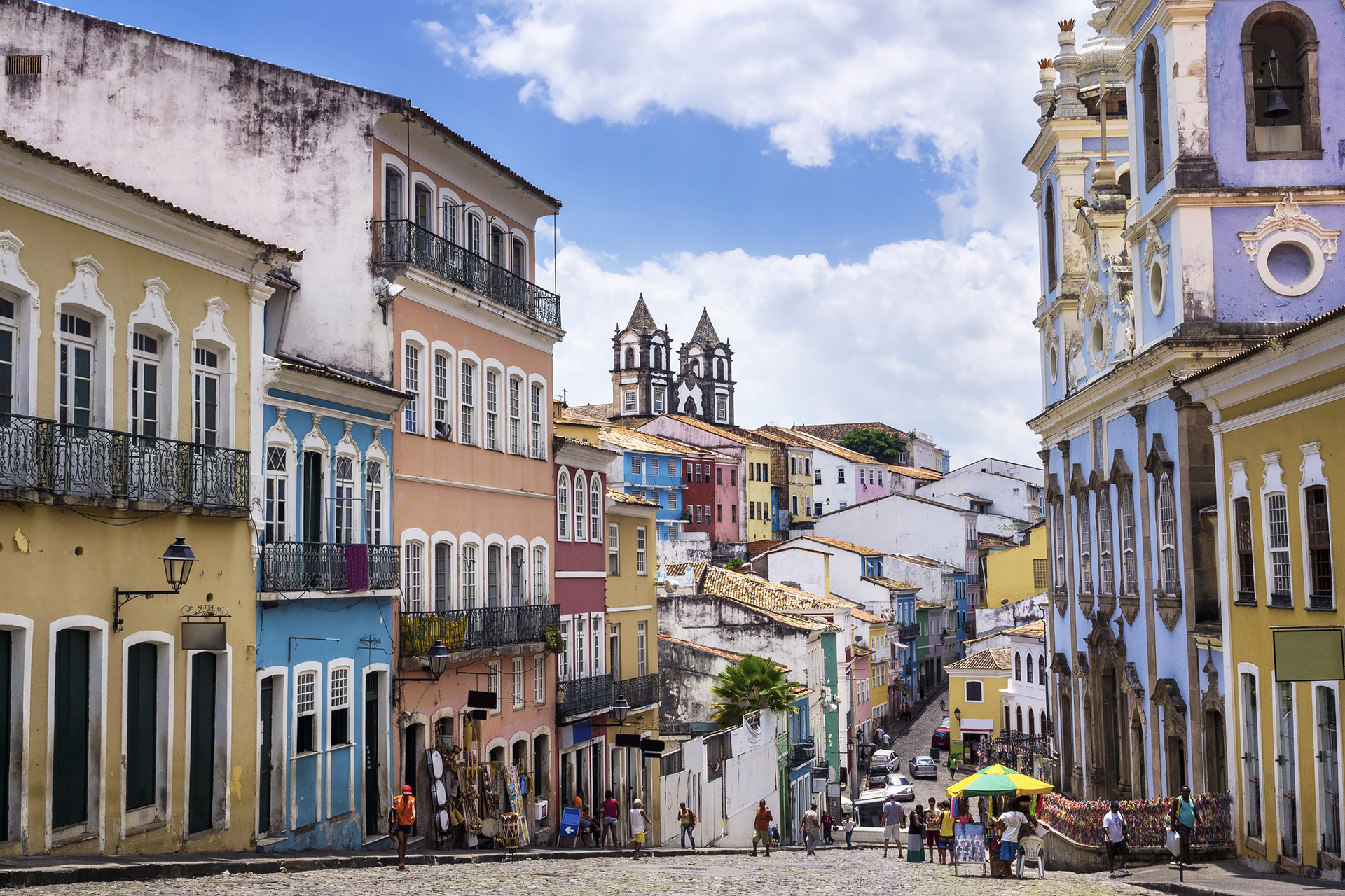 Salvador da Bahia, Brazil - April 2, 2015: View of the colorful colonial houses at the historic district of Pelourinho in Salvador da Bahia, Brazil.