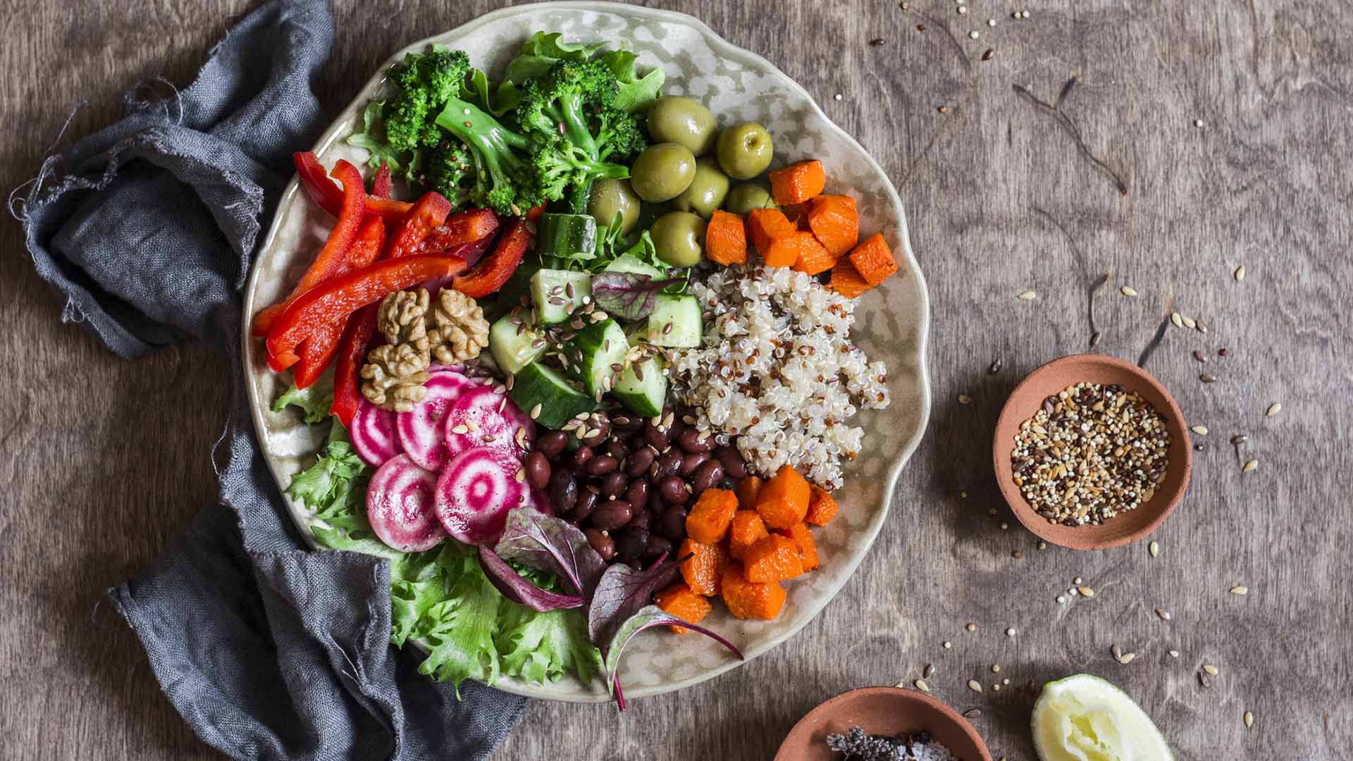 Vegetarian buddha bowl. Raw vegetables and quinoa in a one bowl. Vegetarian, healthy, detox food concept