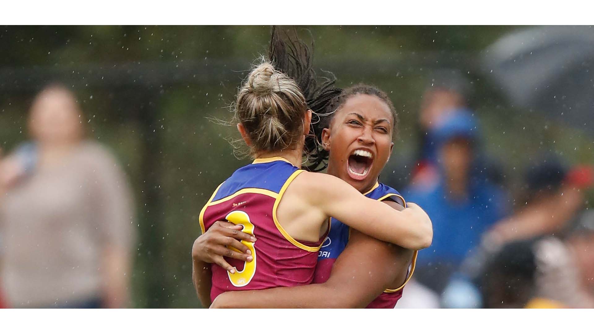MELBOURNE, AUSTRALIA - FEBRUARY 5: Kate McCarthy and Sabrina Frederick-Traub of the Lions (right) celebrate during the 2017 AFLW Round 01 match between the Melbourne Demons and the Brisbane Lions at Casey Fields on February 5, 2017 in Melbourne, Australia. (Photo by Michael Willson/AFL Media)