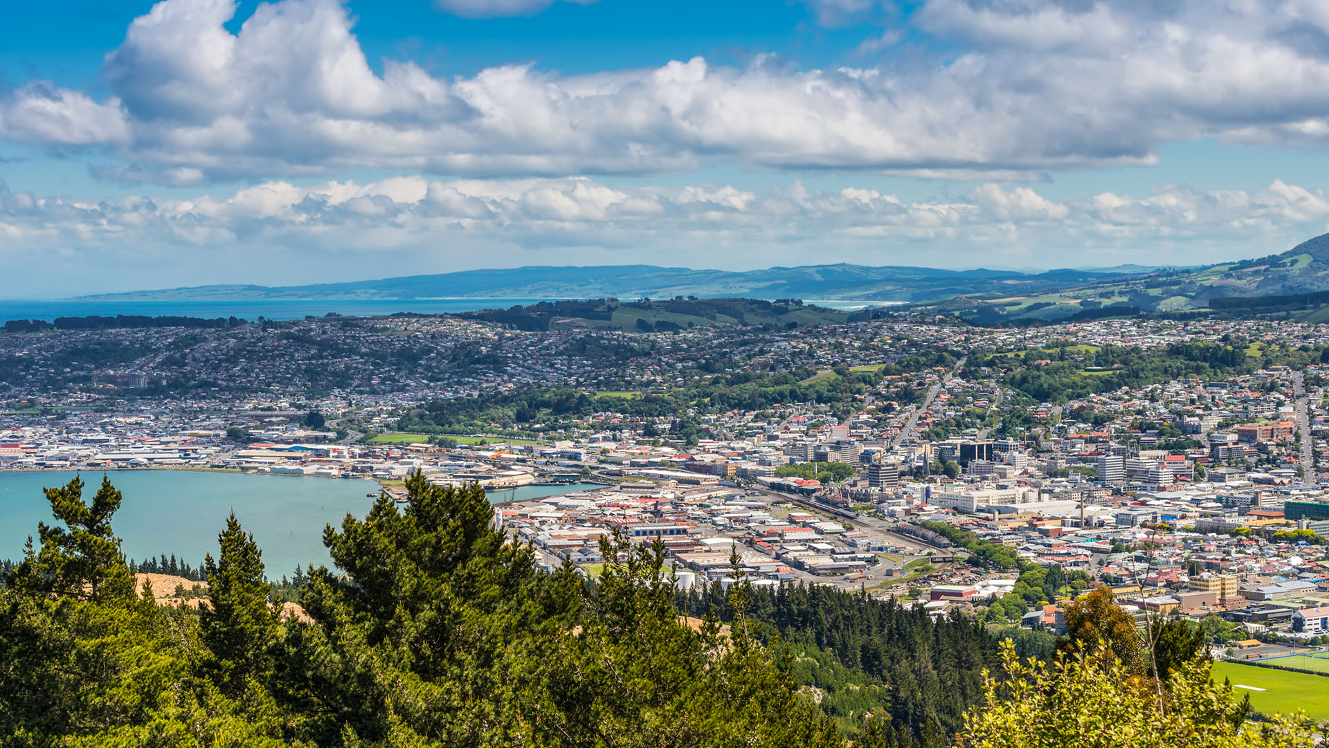 Views towards the city from the lookout at the Centennial Memorial on Signal Hill Dunedin Otago South Island New Zealand