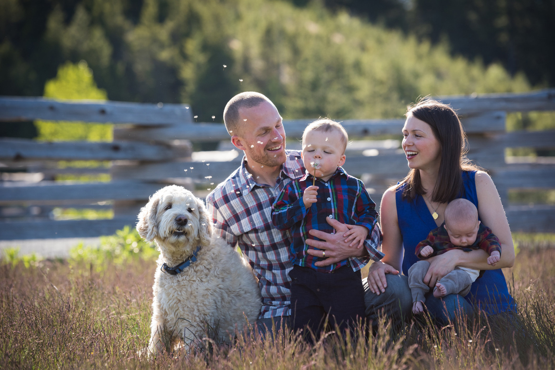 Family portrait of four with their dog