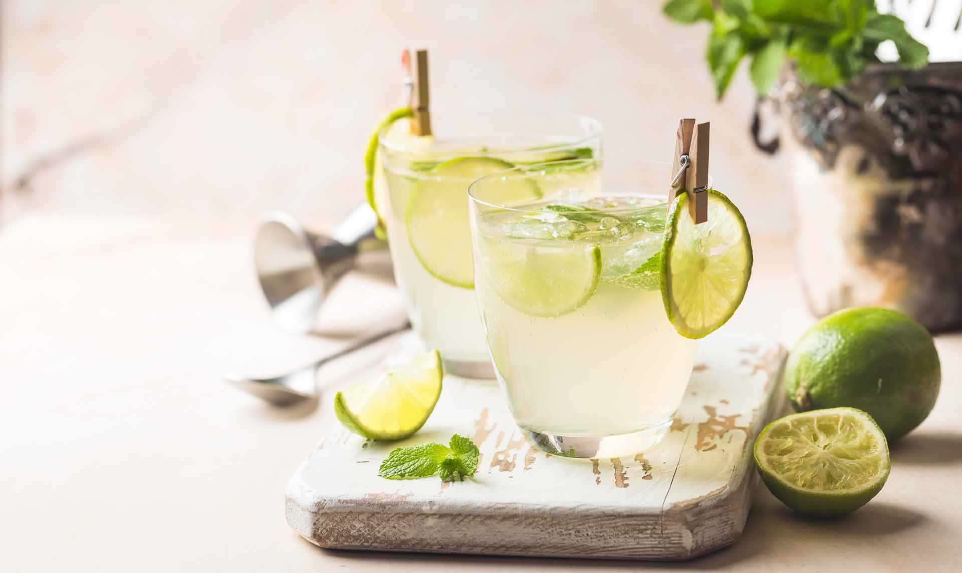 Lemonade or mojito cocktail with lemon and mint, cold refreshing drink or beverage with ice