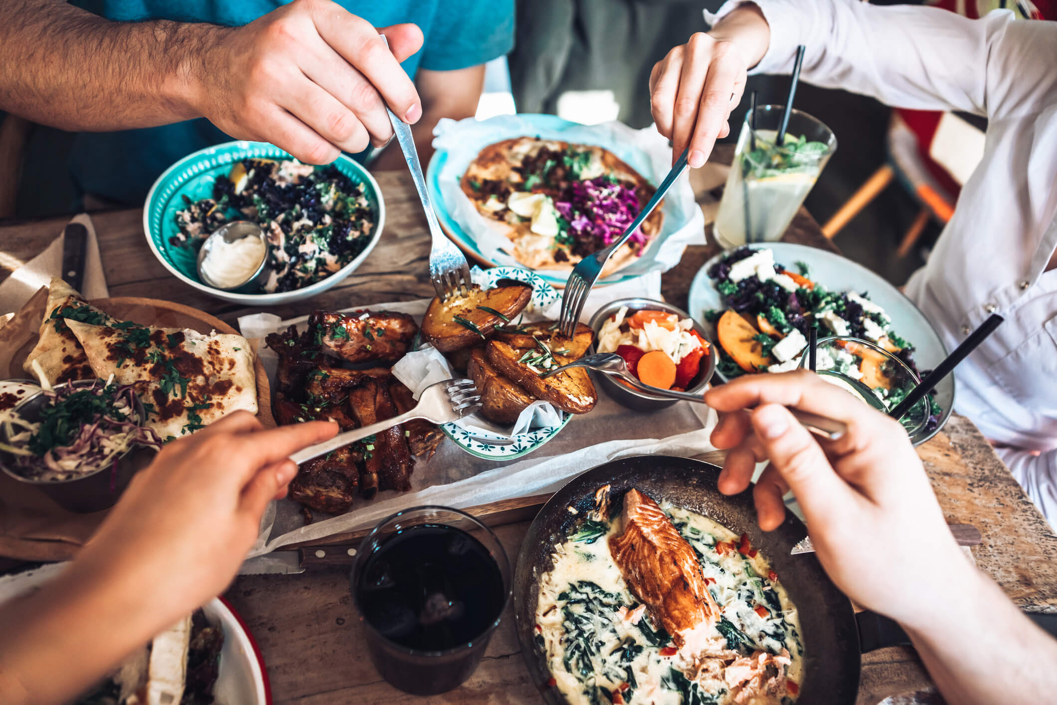 Friends eating lunch at a restaurant