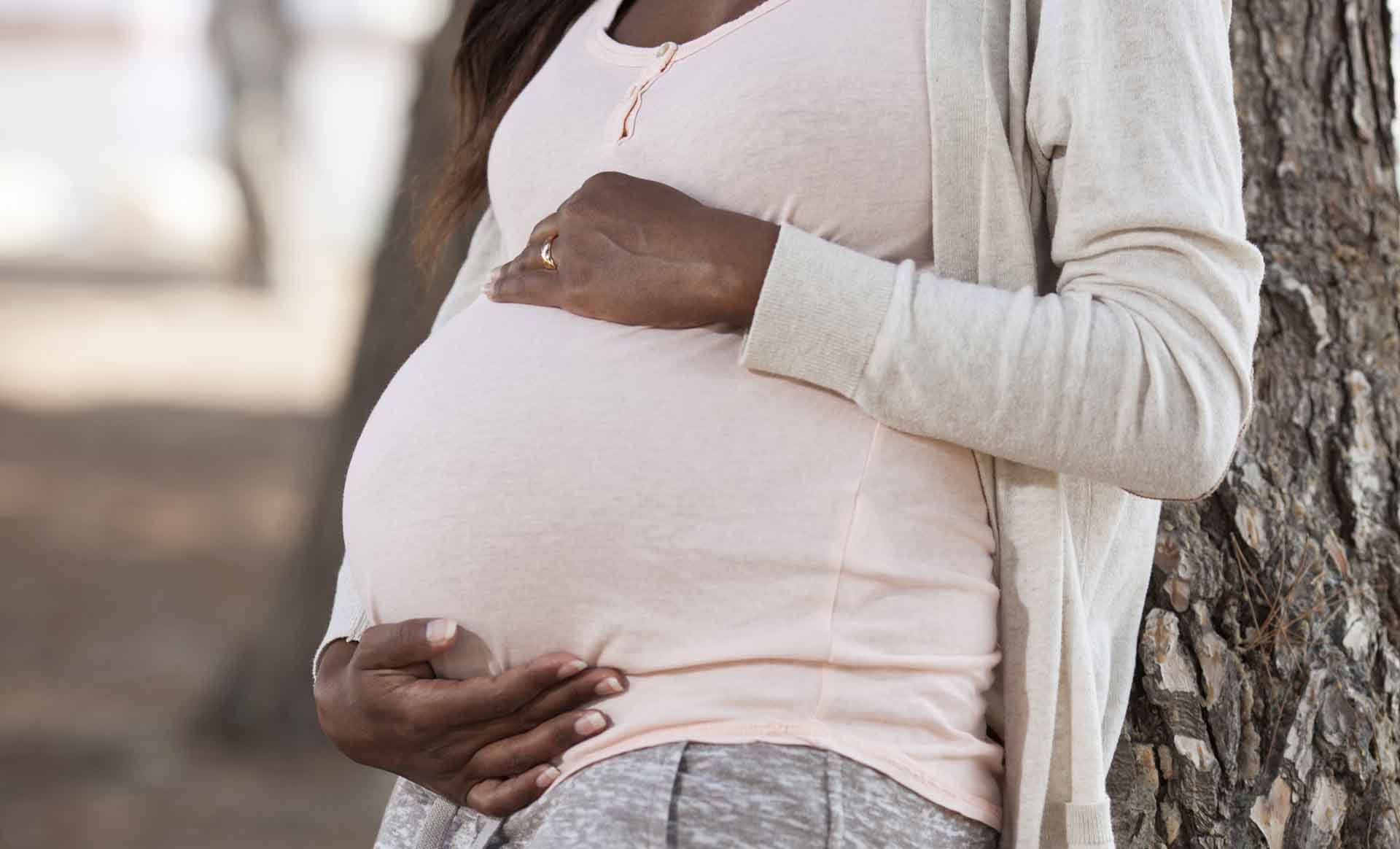 Close up belly of married pregnant woman leaning on tree outdoors.