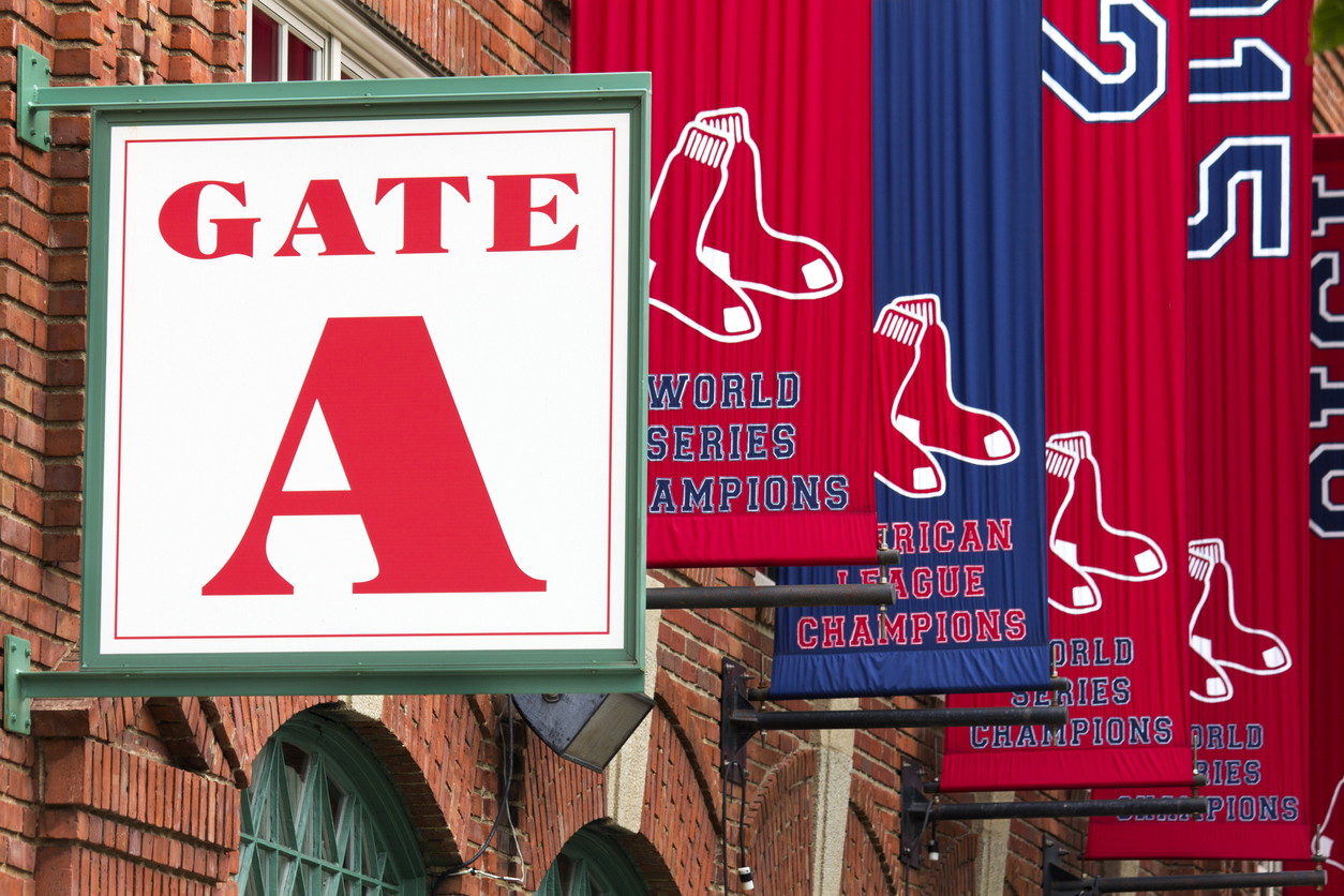 Boston, USA - August 10, 2012: View of the Gate A of the Fenway Park Stadium in Boston, Massachusetts, USA minutes before an important game of the Red Sox baseball team.