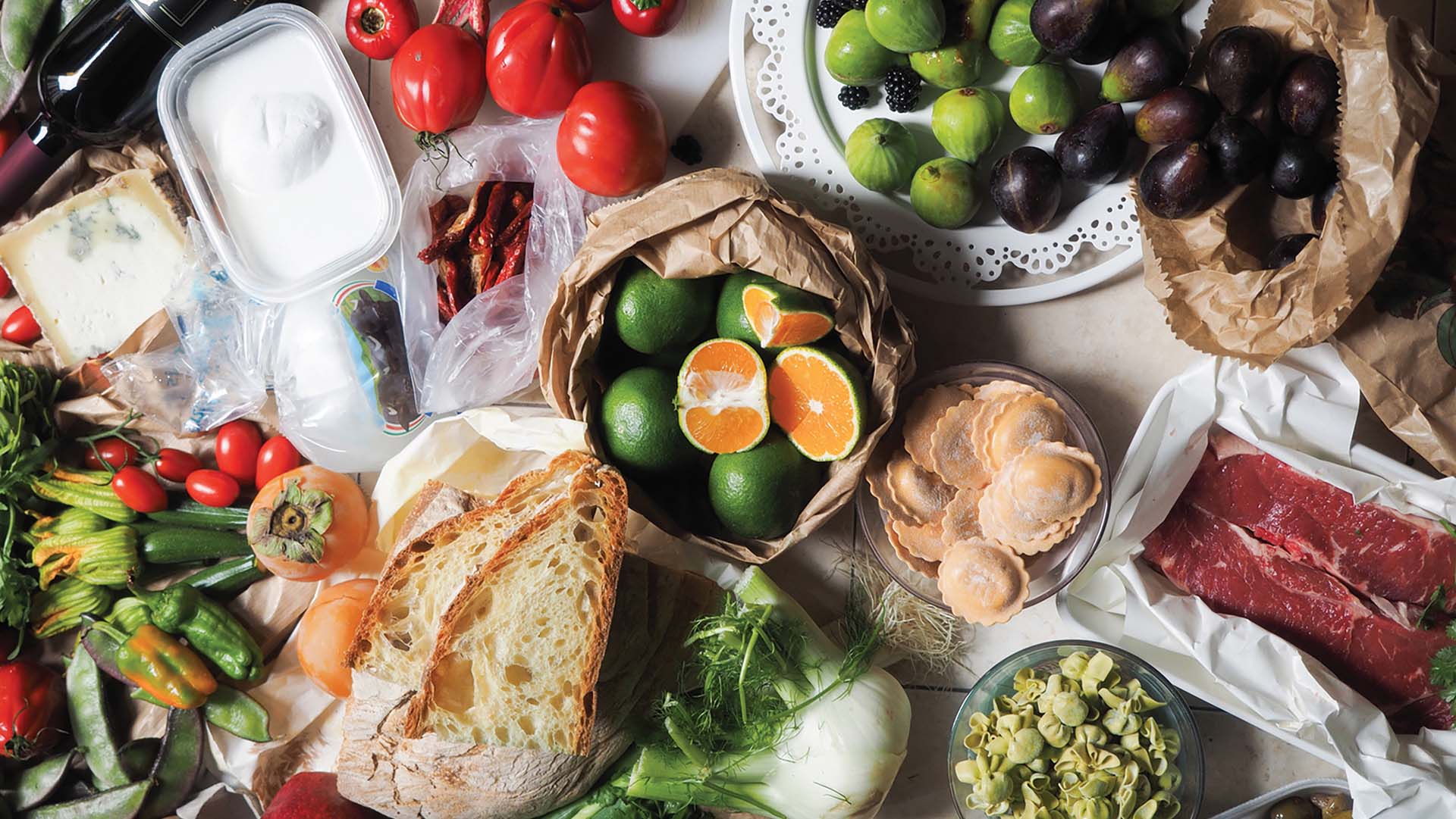 Pile of fresh ingredients to be used in cooking, shot from above