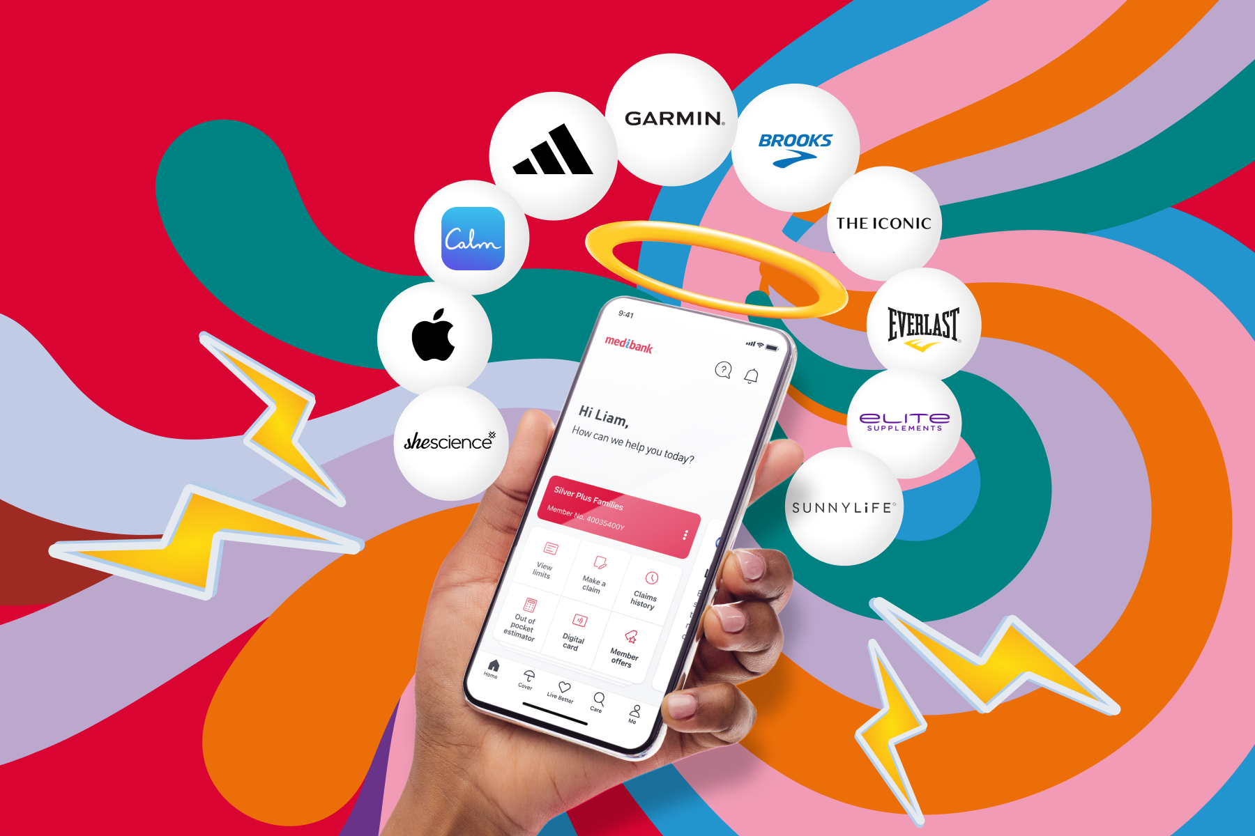 Phone screen surrounded by various Live Better rewards partners