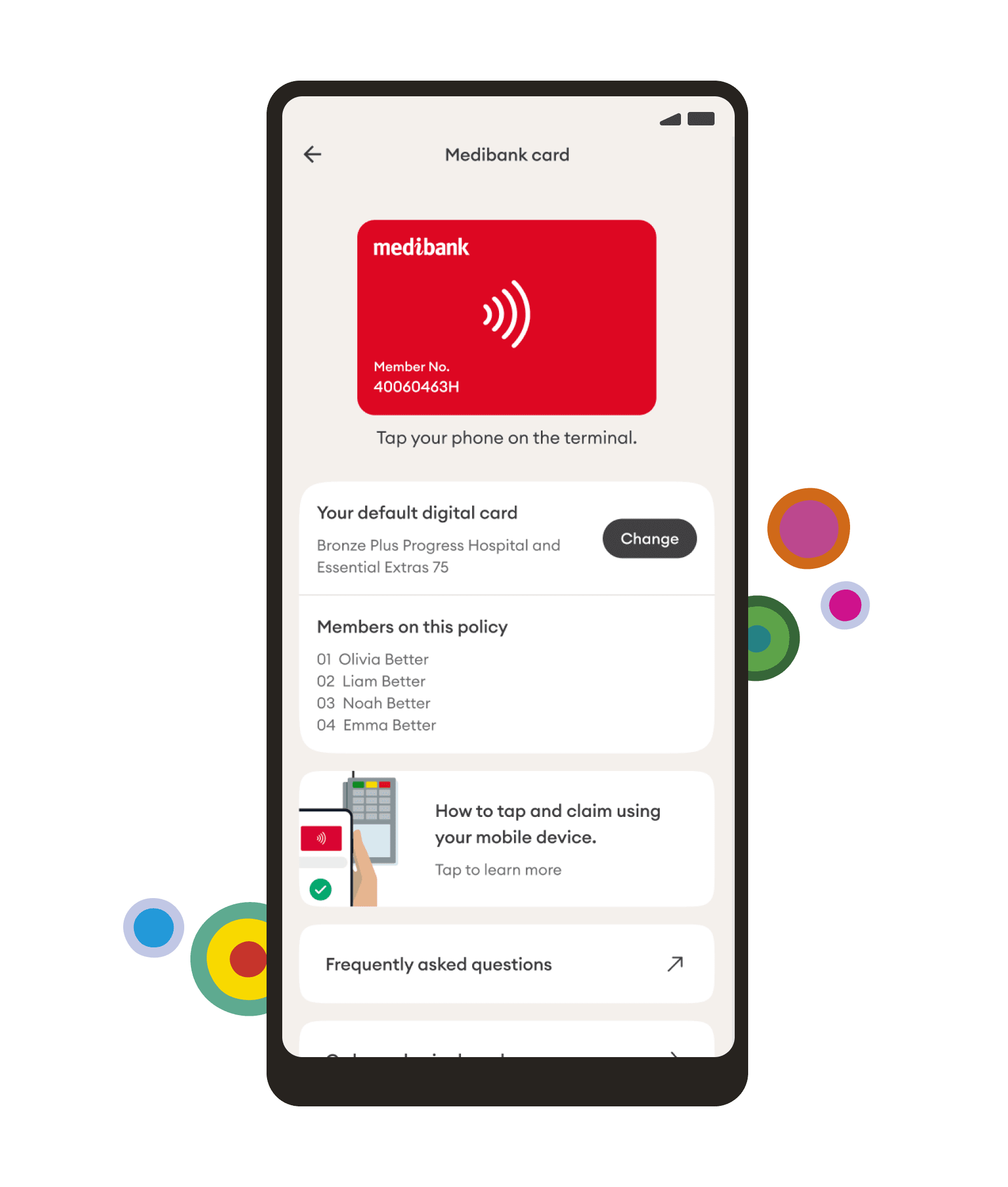 Apple device showing the Medibank digital membership card