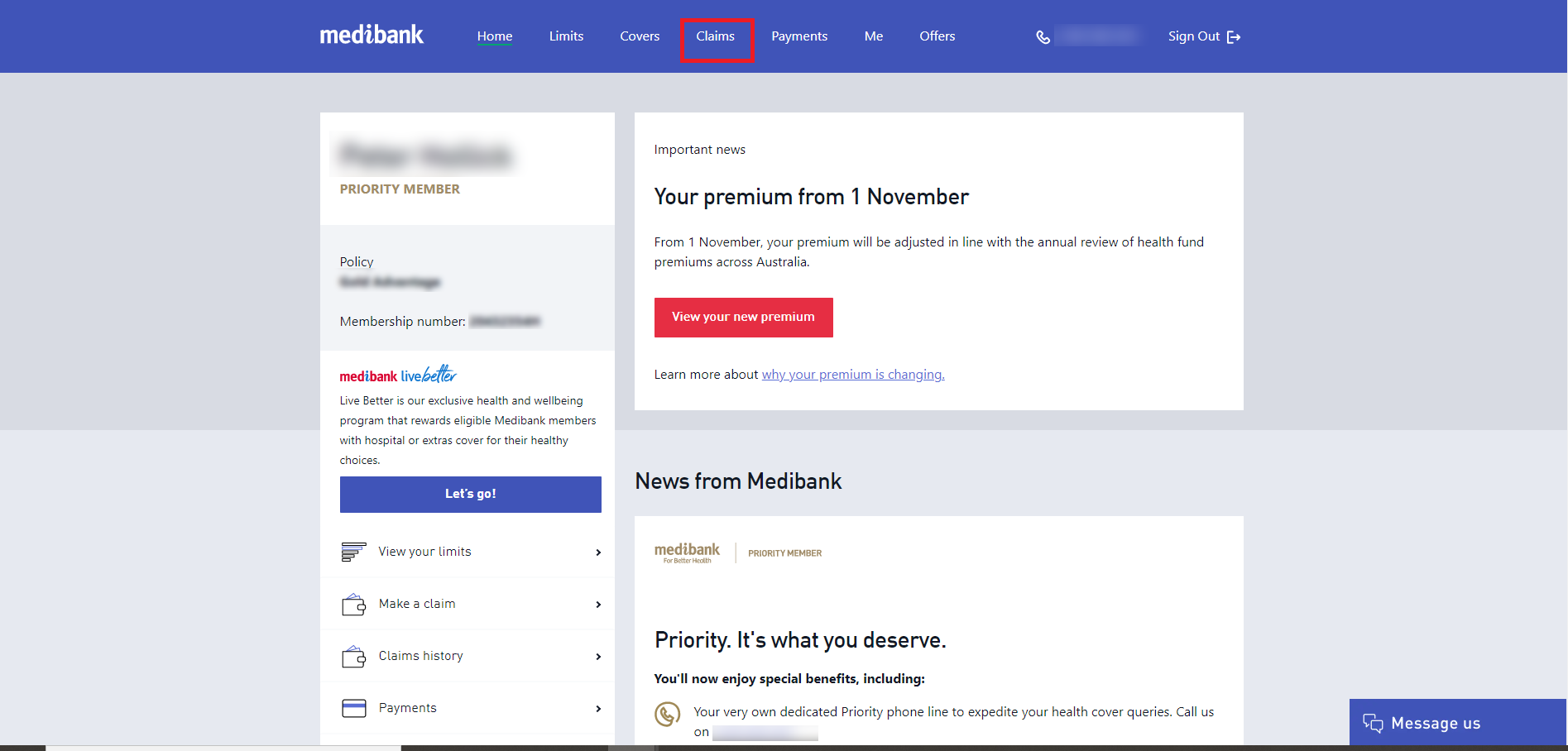 My Medibank dashboard