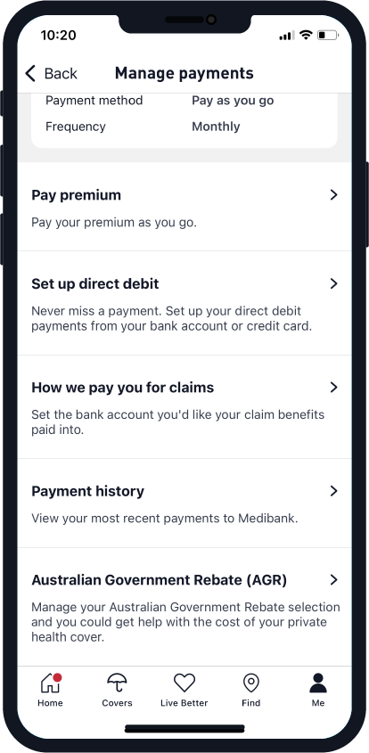 Managing payments in My Medibank