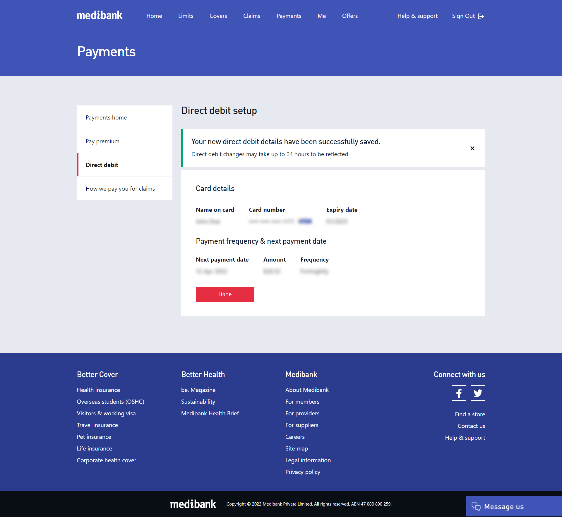 Successful direct debit setup in My Medibank online