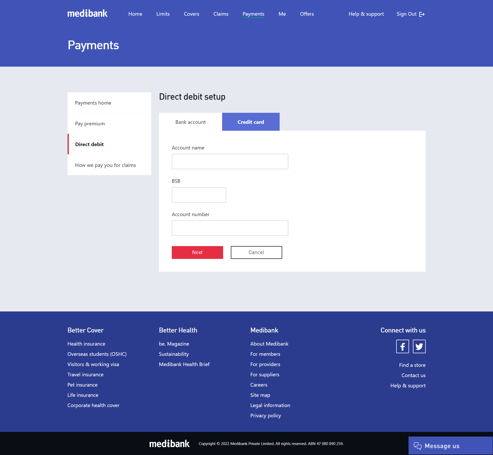 Setting up direct debit with your bank account in My Medibank online