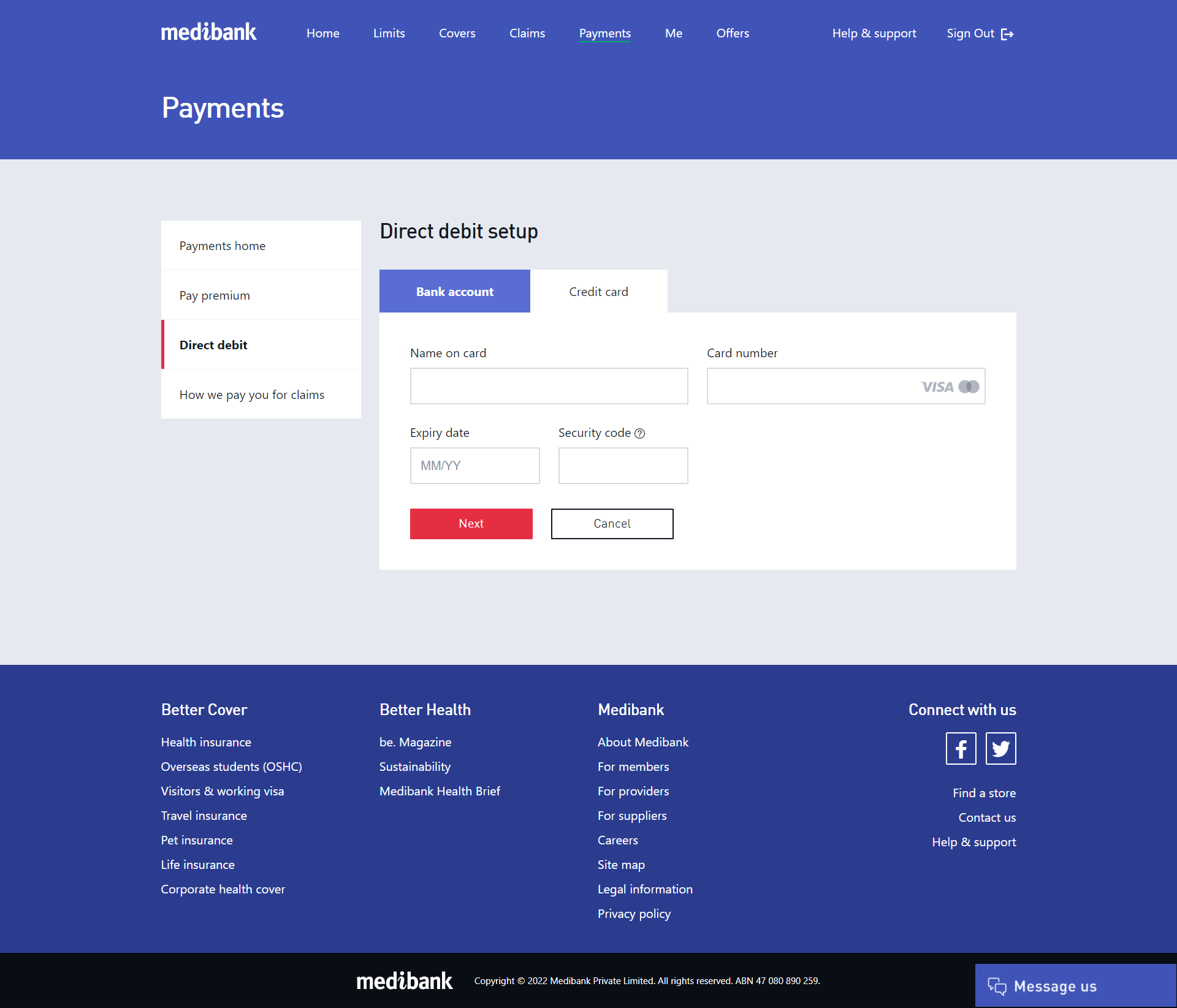 Setting up direct debit with your credit card in My Medibank online