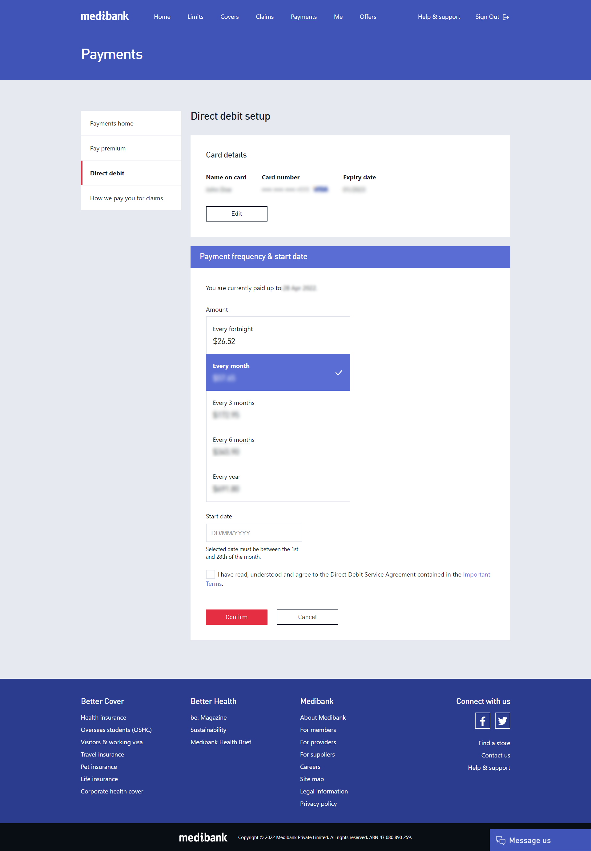 Selecting direct debit payment frequency and date in Medibank online