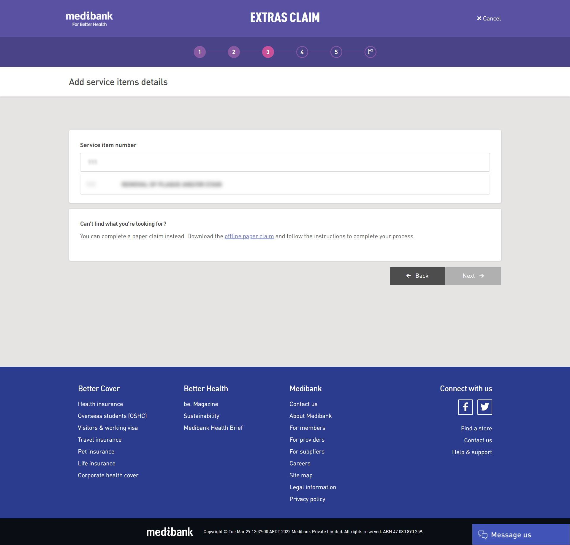 Entering item number for a service in My Medibank online