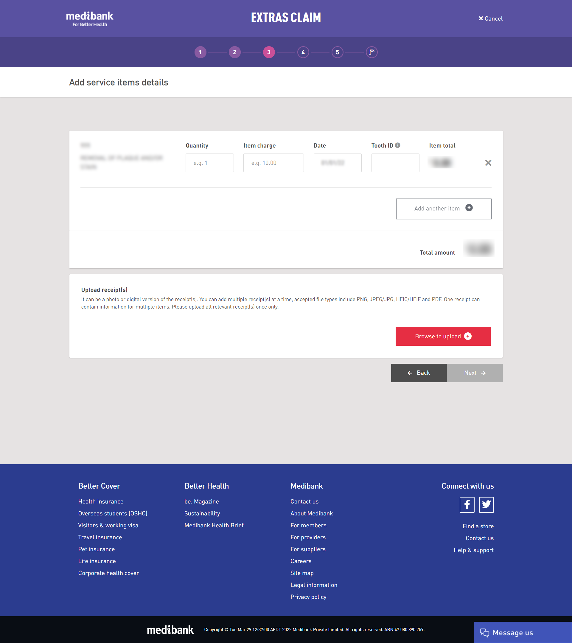 Adding service item details in My Medibank online