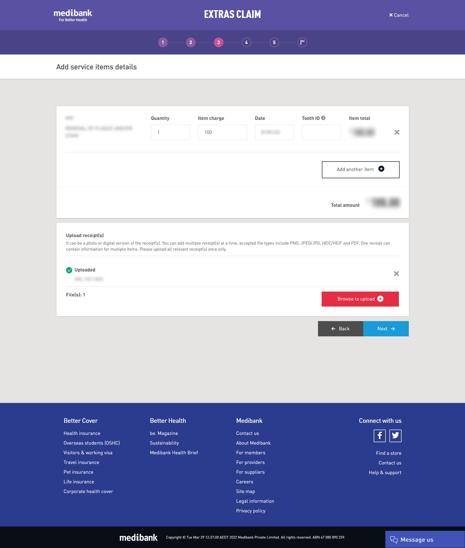Uploading a receipt in My Medibank online