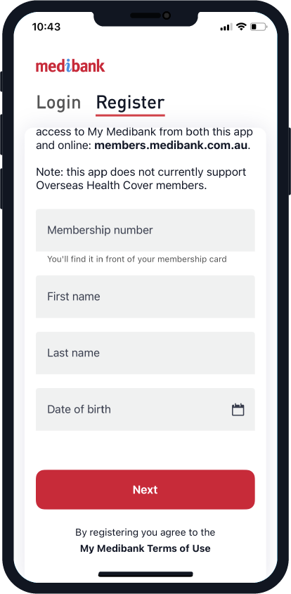 Entering registration details in My Medibank