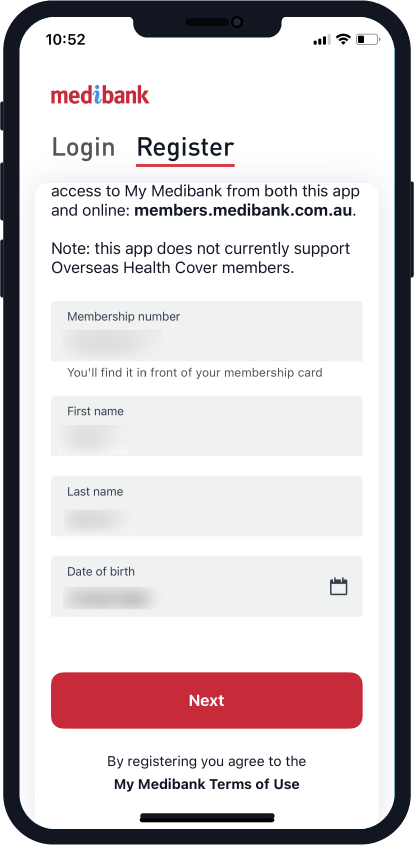 Entering registration details in My Medibank