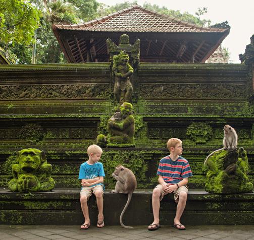 2 boys sitting with monkeys in Bali