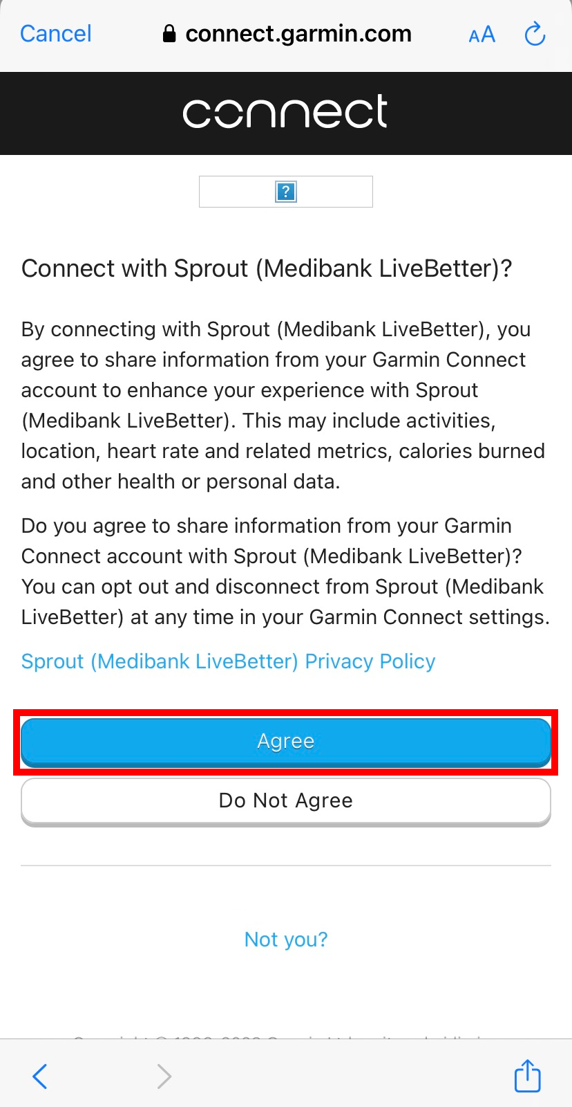 Confirmation message about connecting Sprout (Medibank LiveBetter) to your Garmin app to track your progress. Agree button has been selected. 