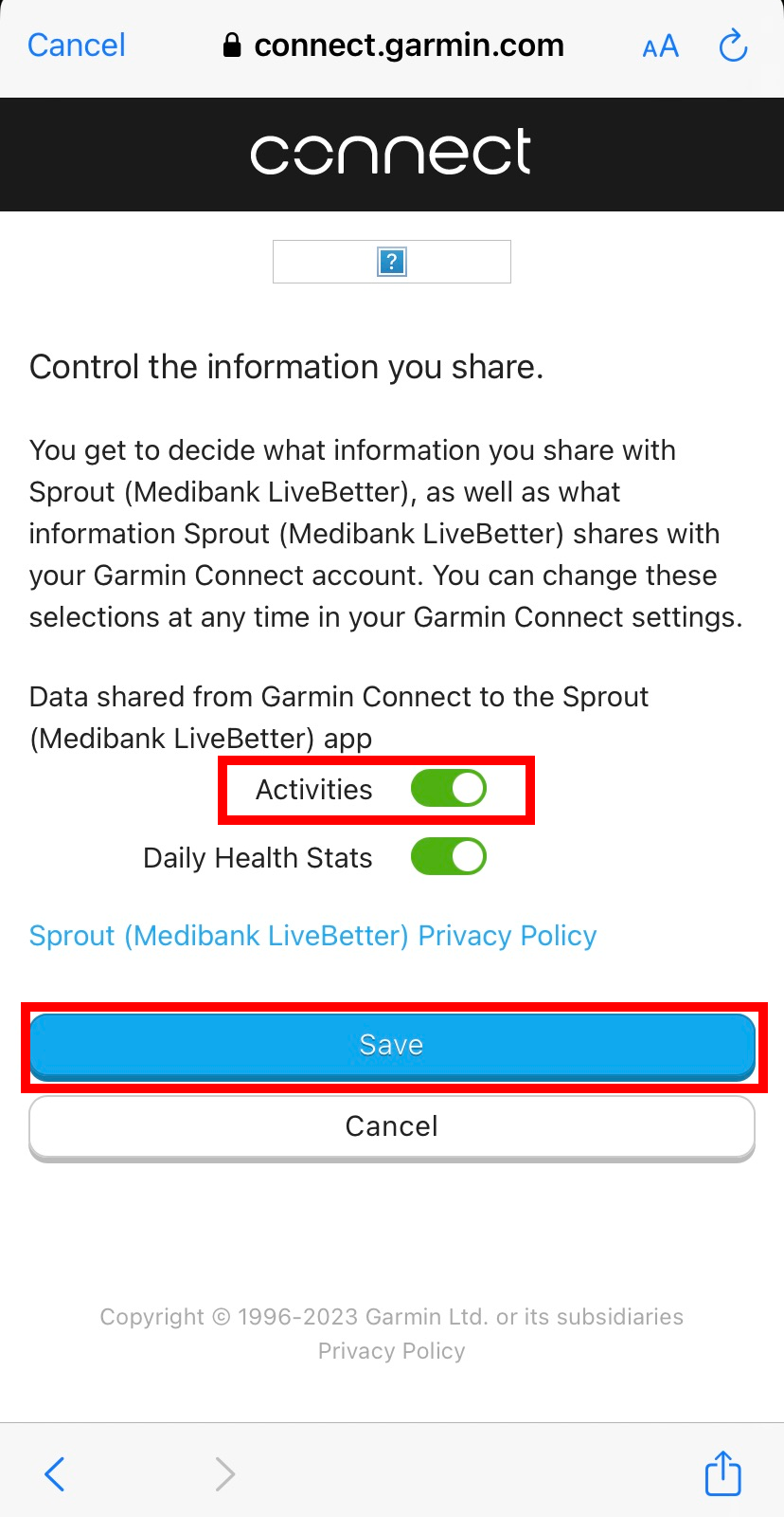 Image showing the activity and daily health status toggle is on through "connect.garmin.com" and the save button has been selected