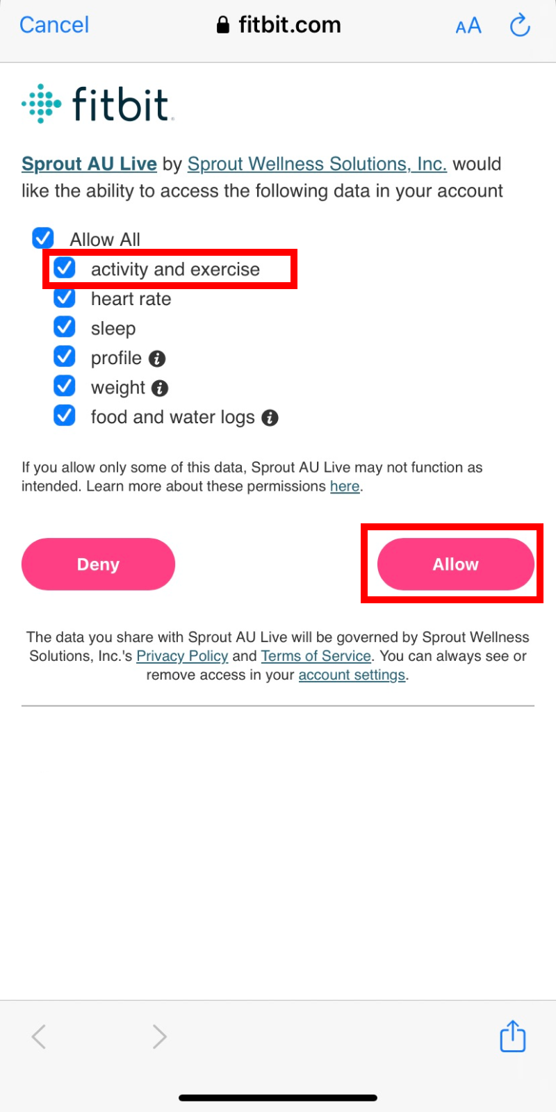 Image showing the activity and exercise checkbox is ticked in fitbit.com and the allow button has been selected