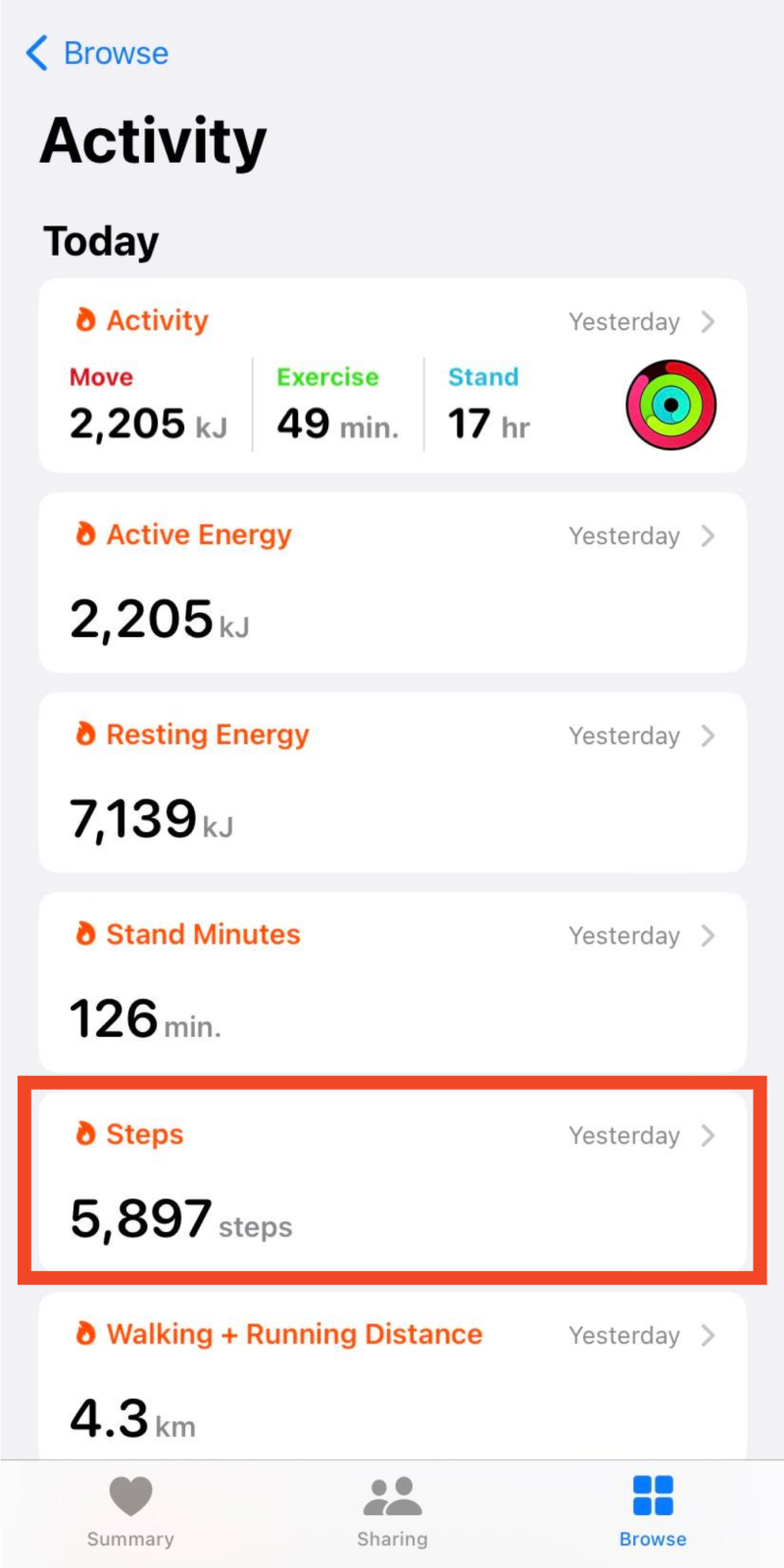 Steps subcategory under the activity section under the Health app on iPhone