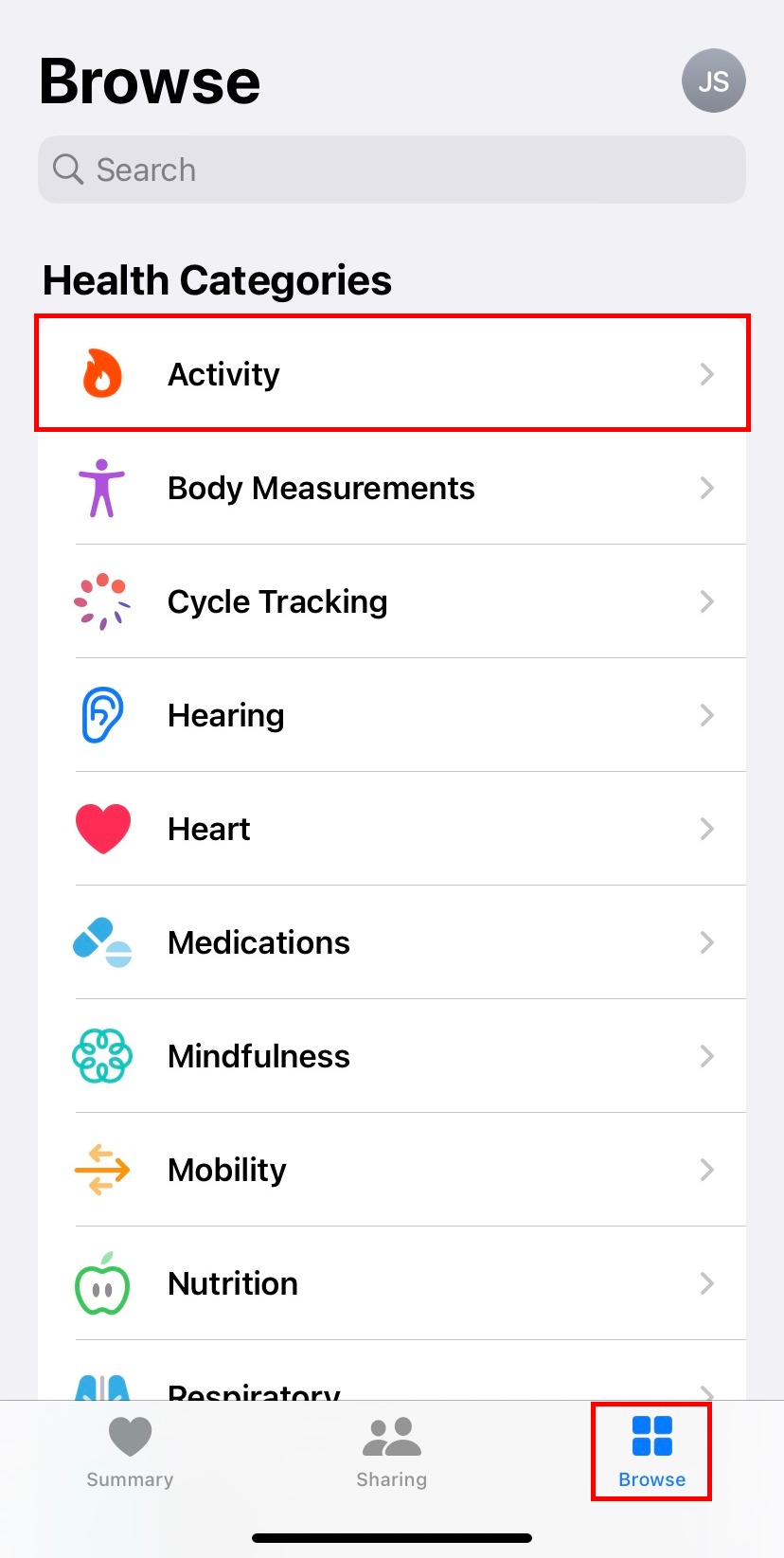 Activity category option under the browse tab under the Health App on iPhone