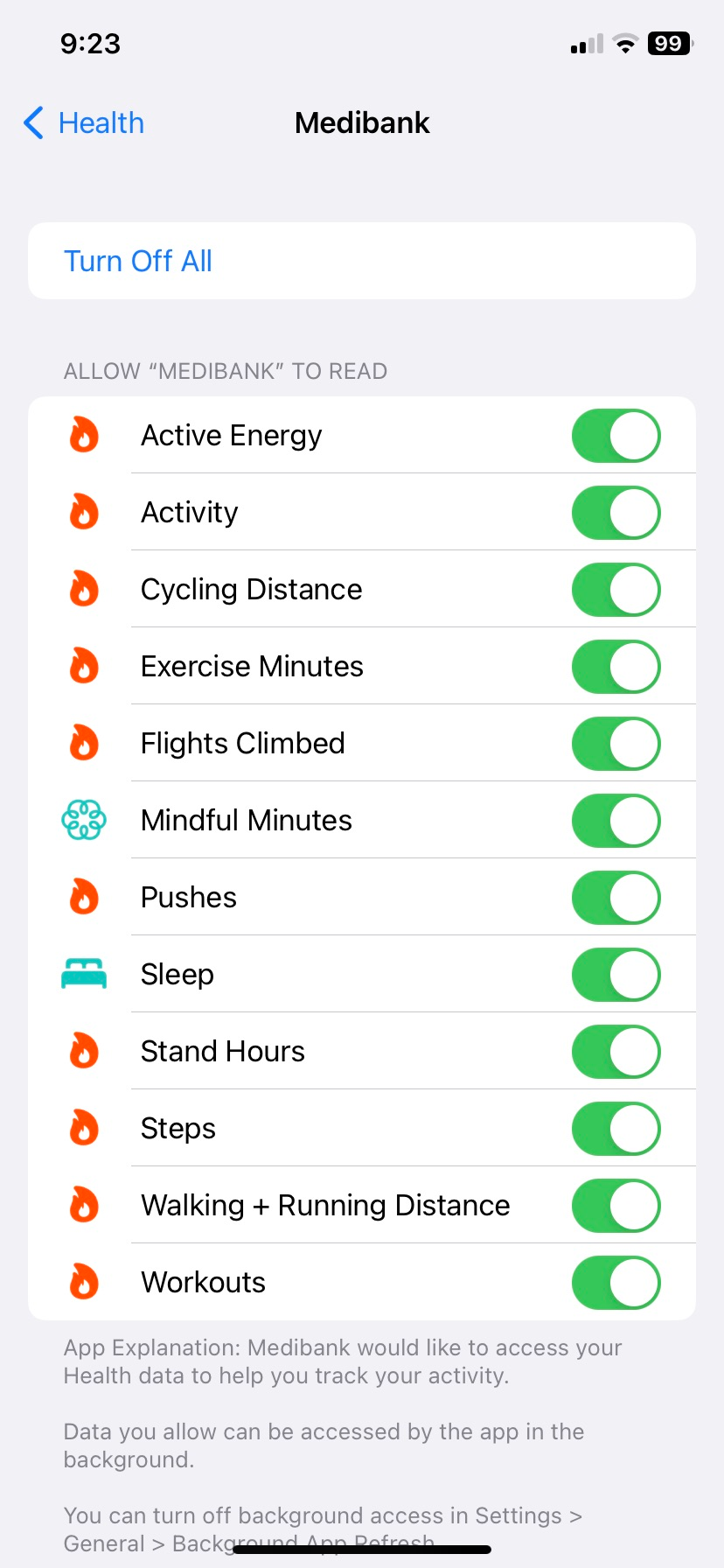 Turn on the toggles for Activity, Exercise Minutes and Workouts under the Medibank option, under health, under the Security & Privacy settings app on iPhone