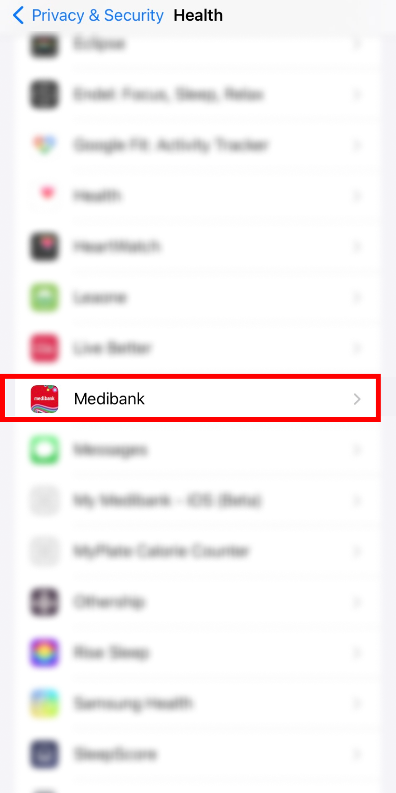Medibank option under Health, under Privacy & Security settings app on iPhone