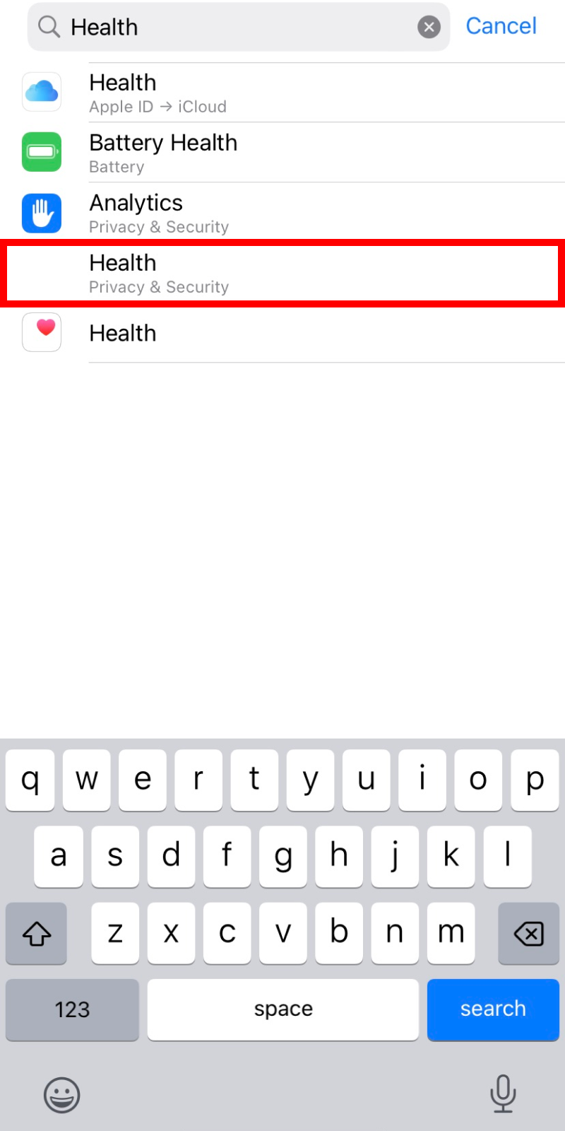 Health option is under Privacy and security settings app on iPhone