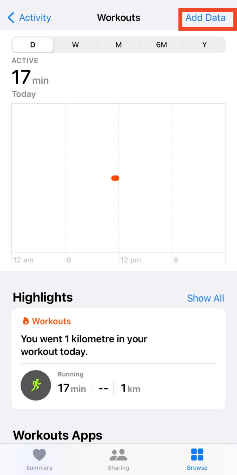 Add data option in the right corner of the screen in the Workout section under the Health app on iPhone