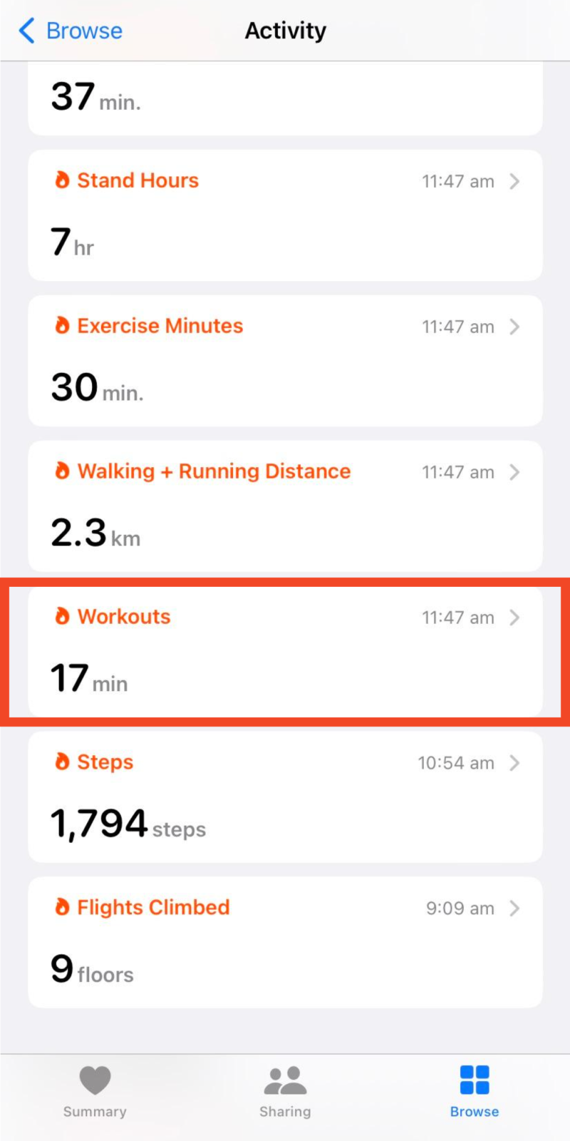 Workouts subcategory under the activity section under the Health app on iPhone