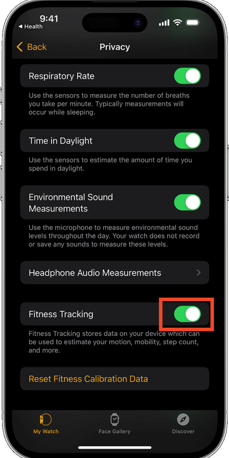 Fitness tracking option under Privacy settings on iPhone