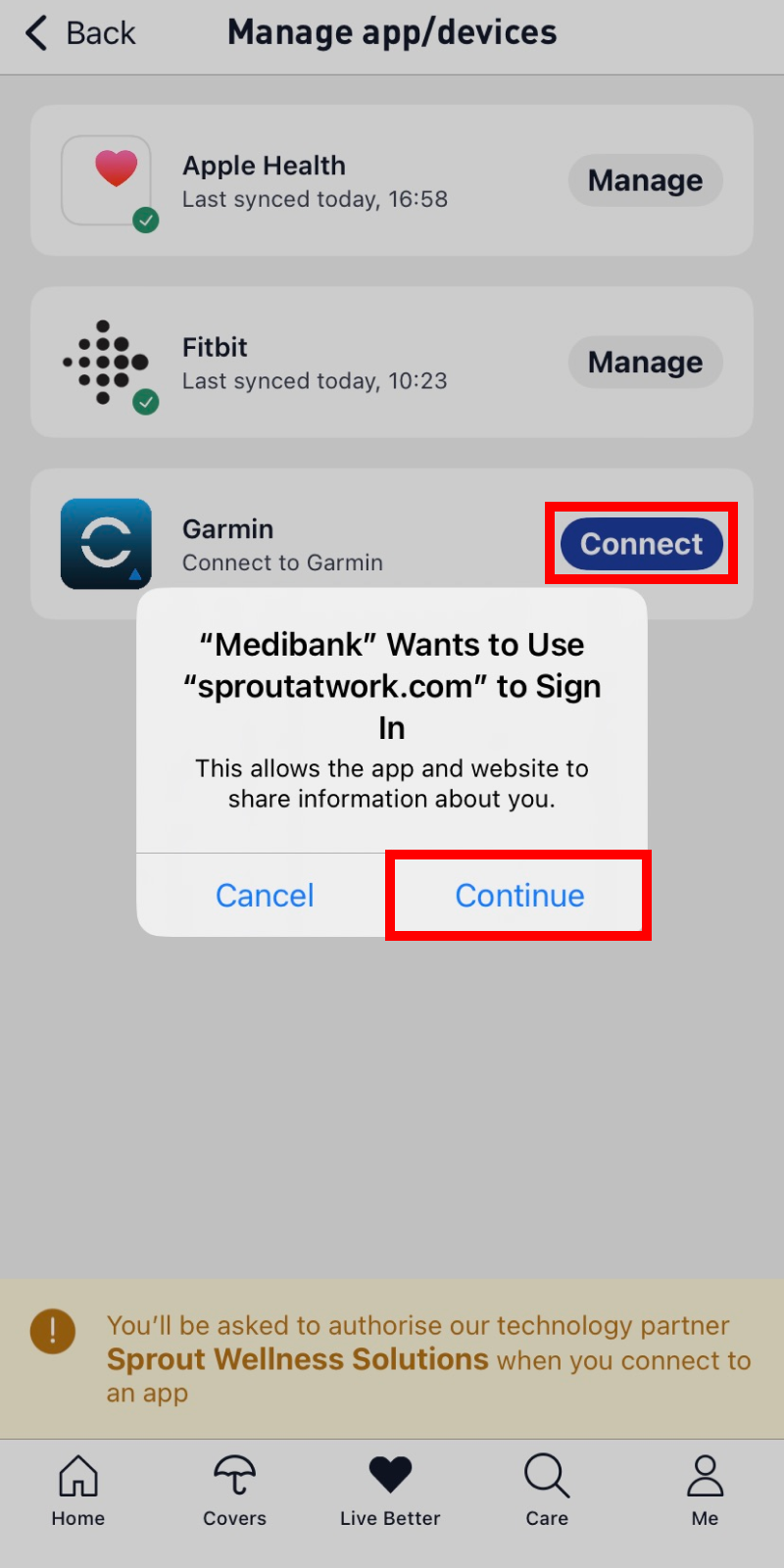 Garmin option under Manage app/devices section on iPhone settings