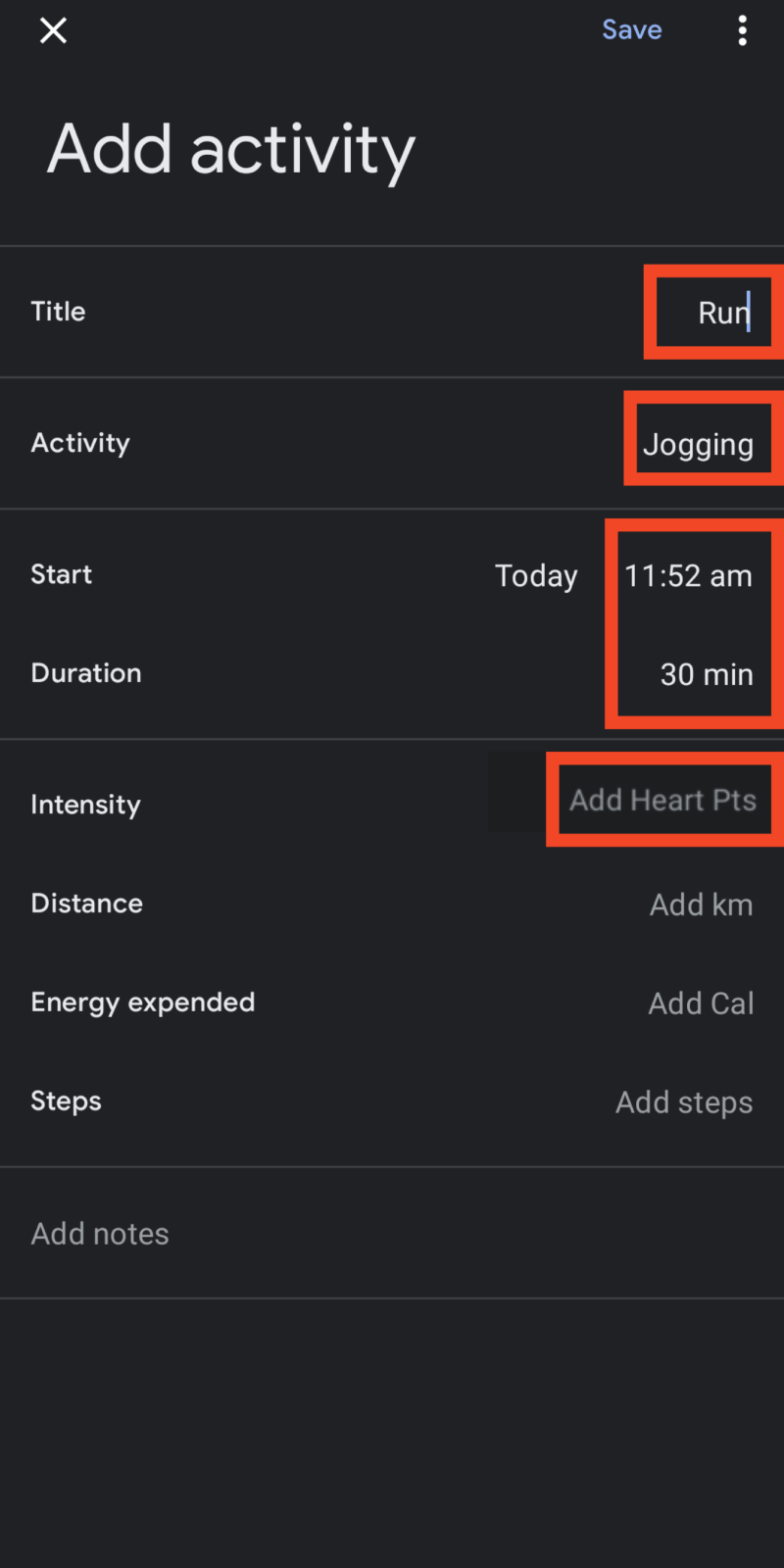 Activity data options such as title name, activity option, intensity, start date and duration 