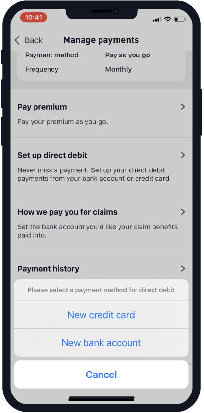 Selecting a new payment method in My Medibank
